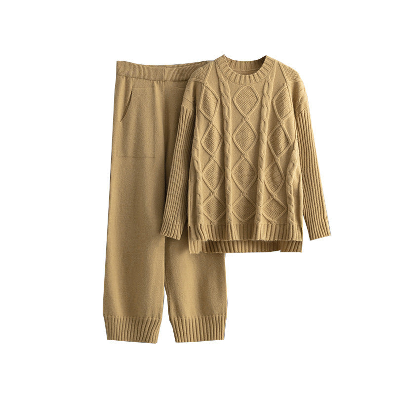 Plus Size Women's Clothing Cable-knit Pullover Sweater Suit