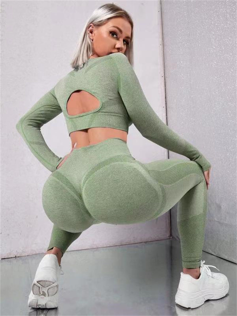 2pcs Sports Set Long Sleeve Cutout Tops And Butt Lifting High Waist Seamless Fitness Leggings Yoga Gym Sportswear Outfits Clothing