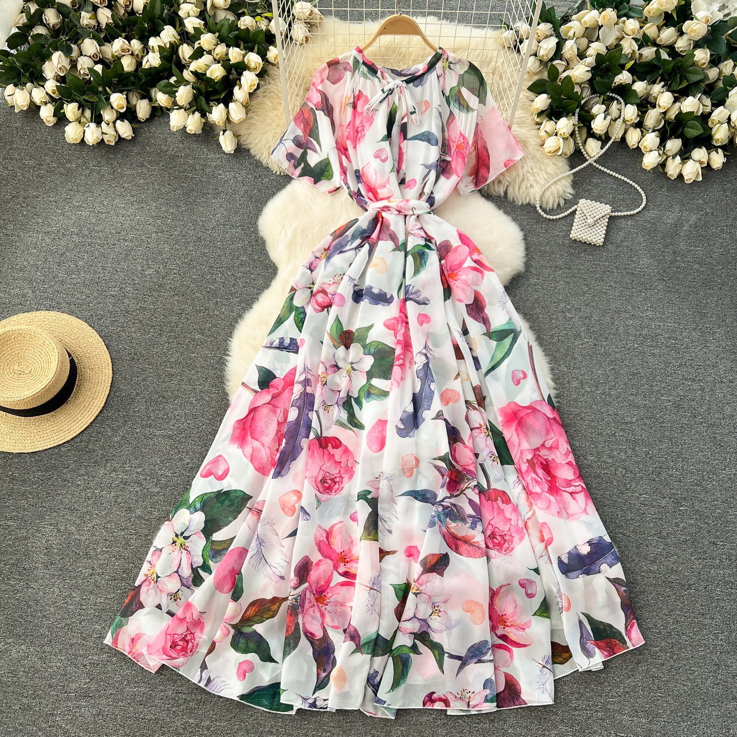 Printed Lace Up Waist-tight Dress