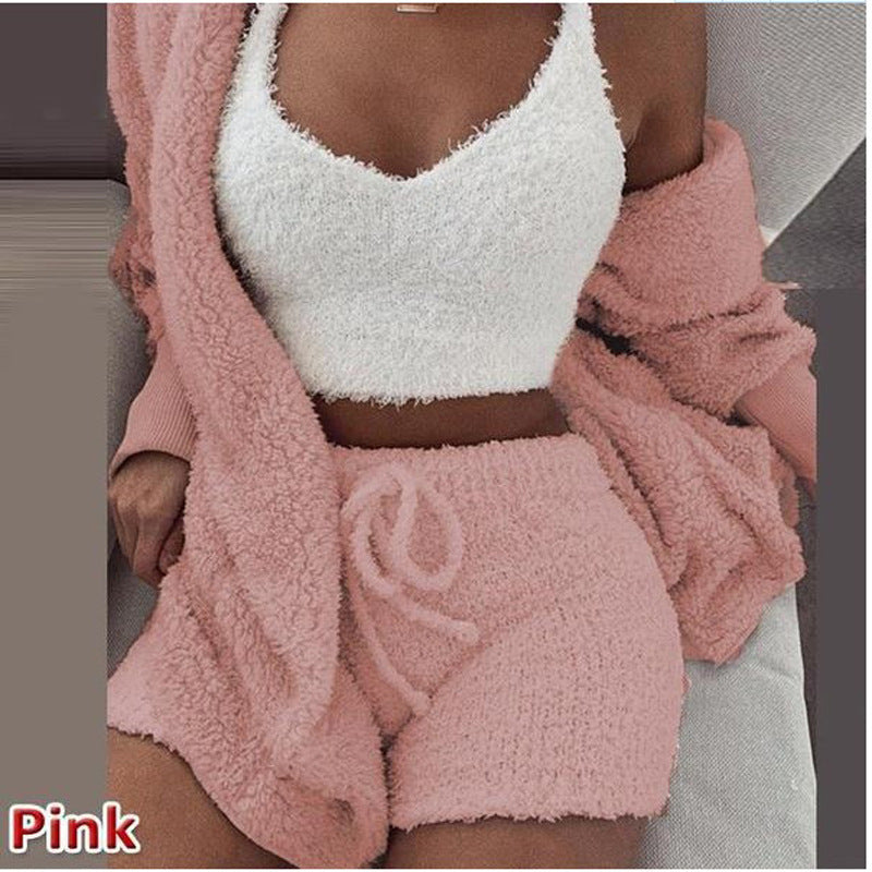 3 Piece Set Fashionable Ladies Pajamas Plush Home Clothes Loungewear