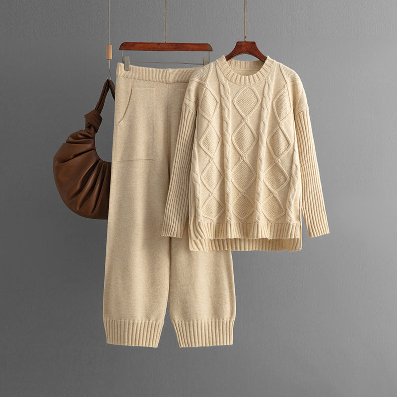 Plus Size Women's Clothing Cable-knit Pullover Sweater Suit