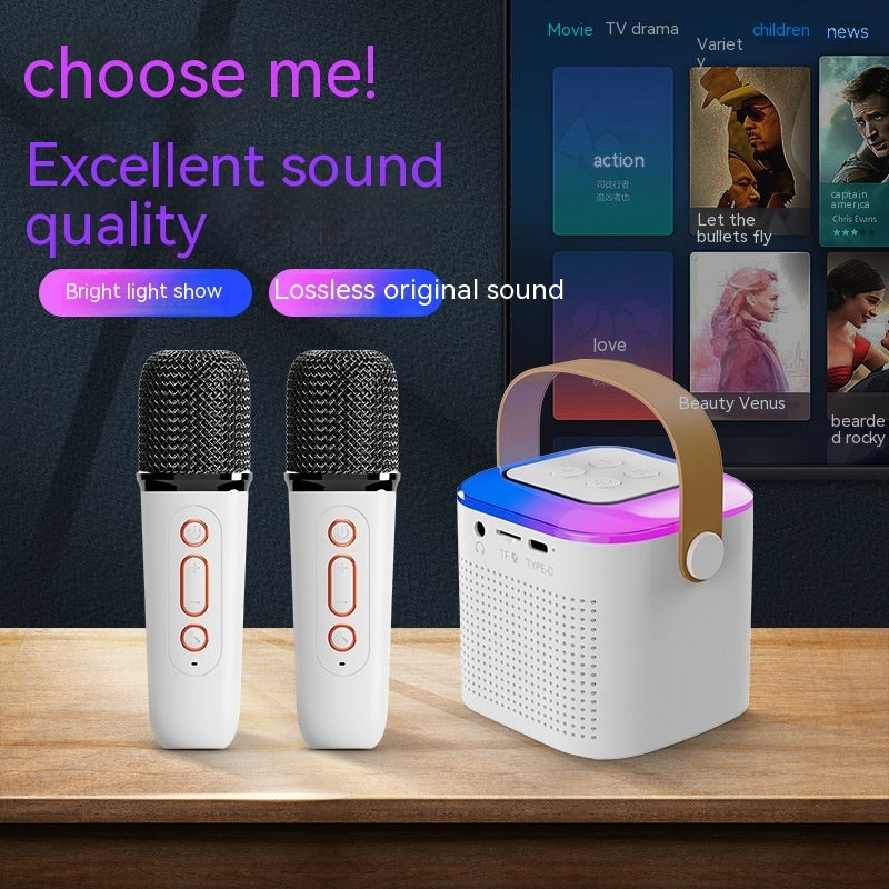 Microphone Karaoke Machine Bluetooth-compatible Speaker with 2 Wireless Mic RGB Light Entertainment Singing Speaker