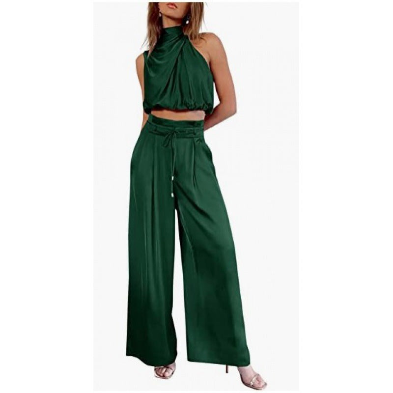 Women's Summer Sets Casual Sleeveless Midriff-baring Top & Wide Leg Pants 2pcs Set