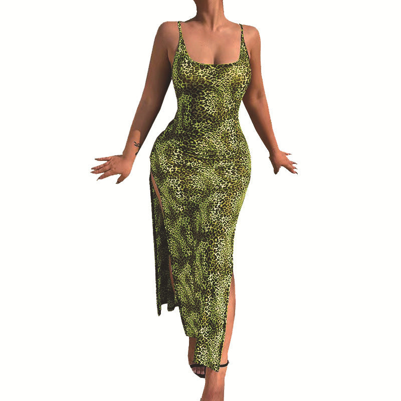 European And American Holiday Temperament Slit Skirt Fashion Leopard Animal Print Dress