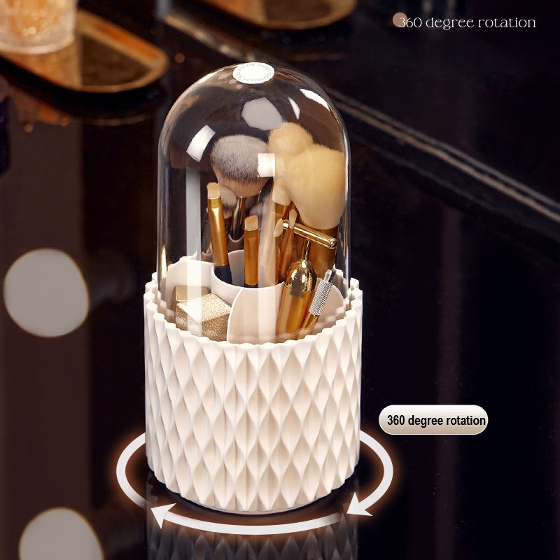 360 Degree Rotating Large Capacity Transparent Makeup Brush Storage Holder With Lid Desktop Cosmetic Storage Box