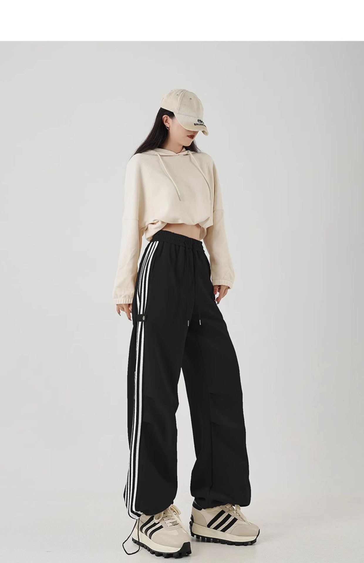 Side Stripe Cotton Blend Wide-leg Baggy Pants Korean Casual