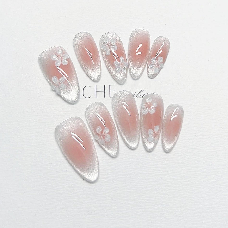 Flower Style White Finished Almond Nail Stickers
