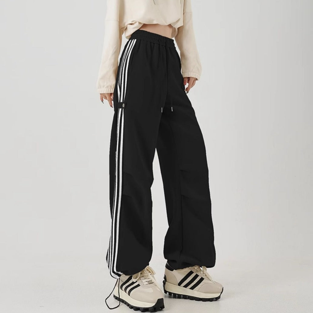 Side Stripe Cotton Blend Wide-leg Baggy Pants Korean Casual
