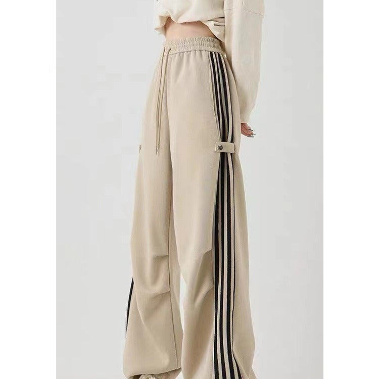 Side Stripe Cotton Blend Wide-leg Baggy Pants Korean Casual