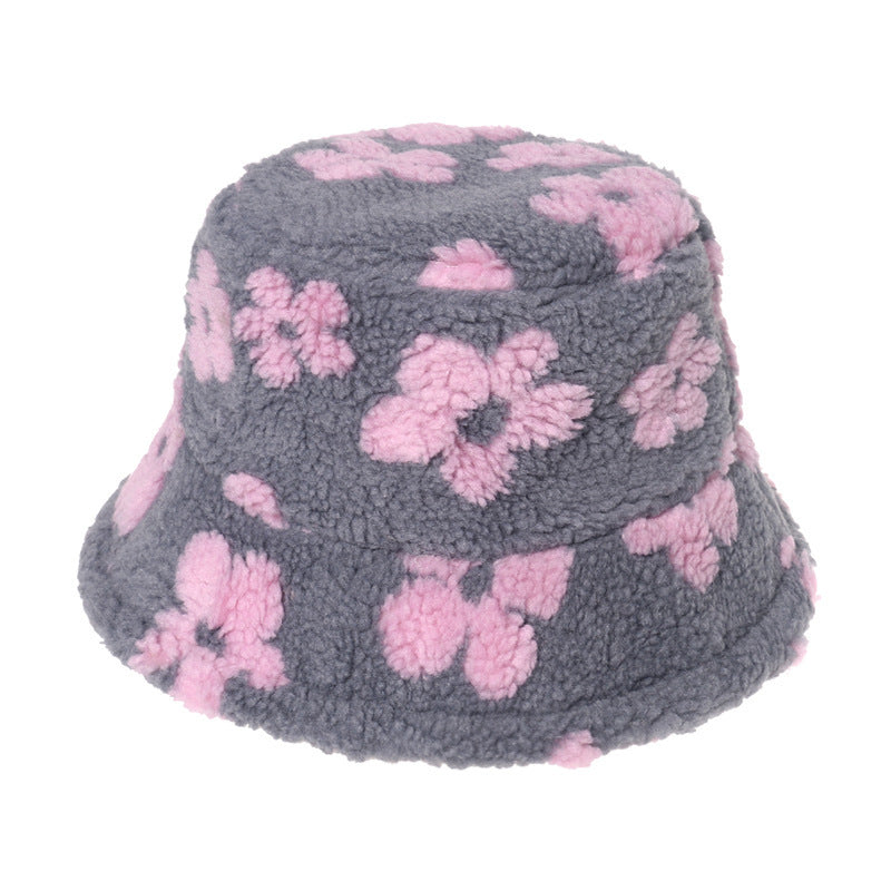 Lamb Wool Floral Fisherman Hat Women With Printed Warm