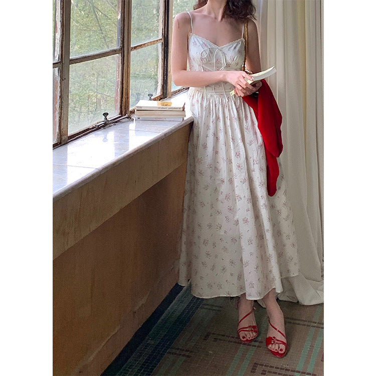 Retro Lace V-neck Suspender Skirt Waist Slimming Mid-length