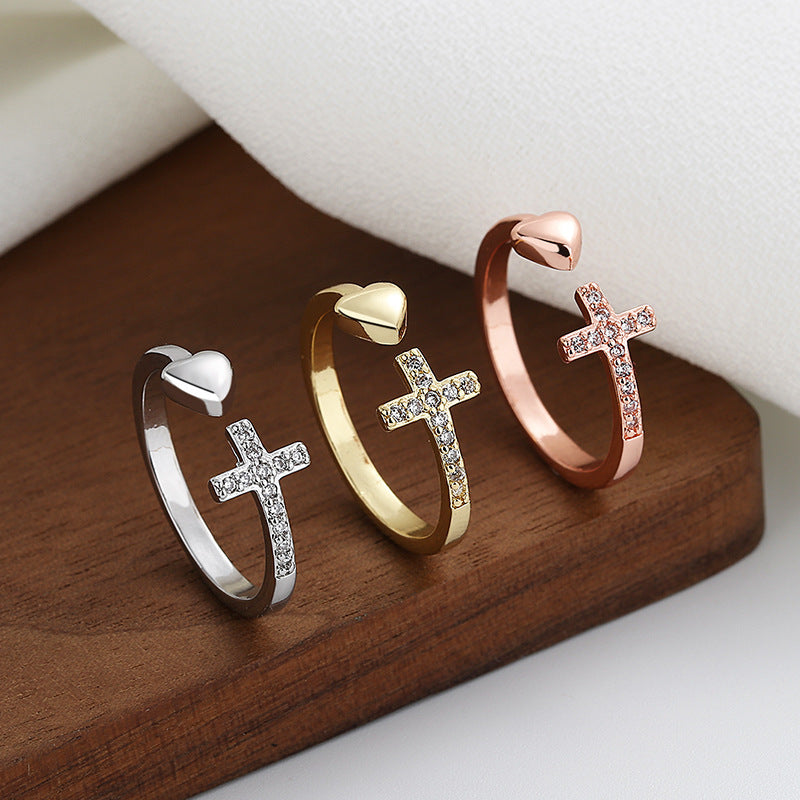 Cross Heart Ring with Rhinestones Open Adjustable Ring