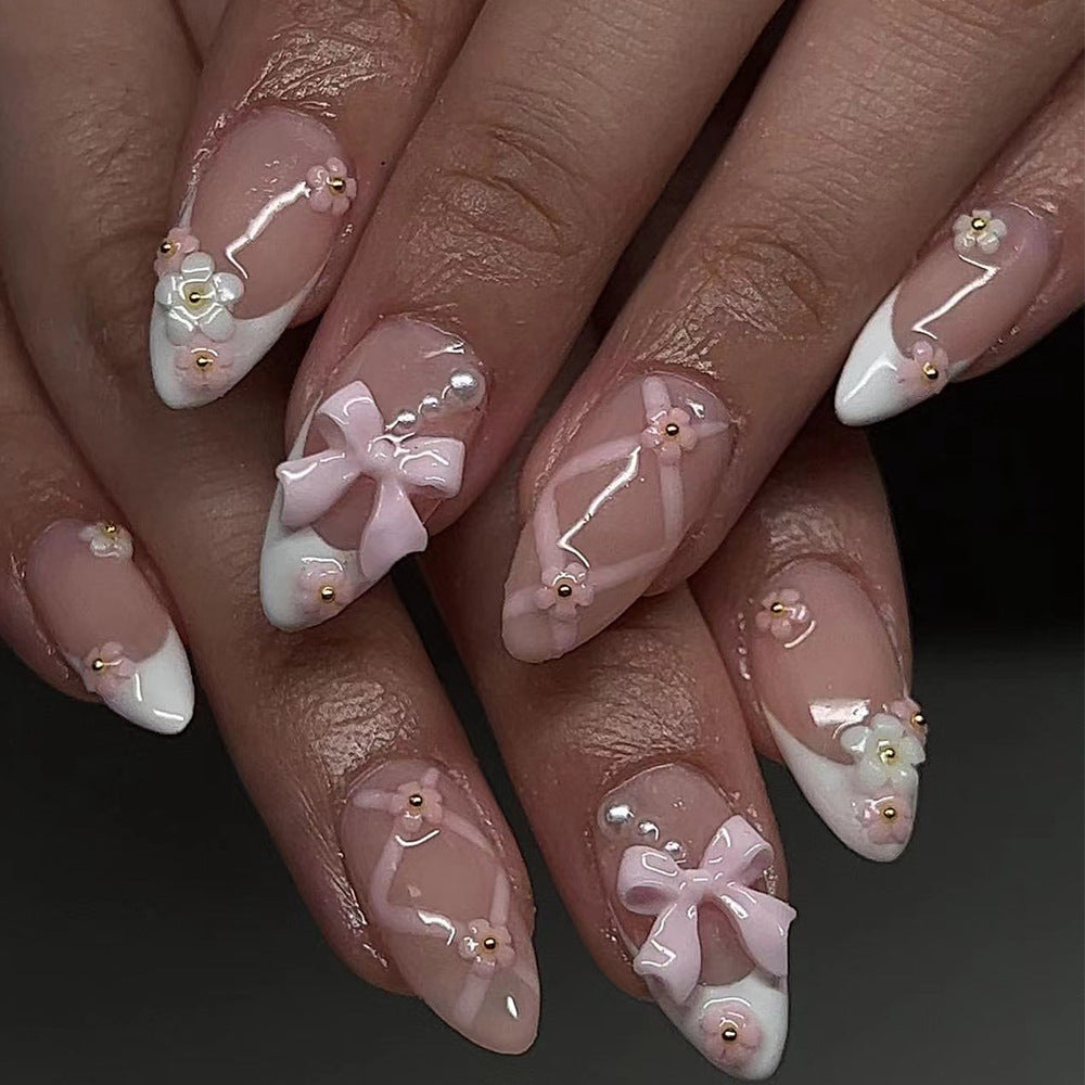 Sweet Bow Nail Flower French White Wear Nail