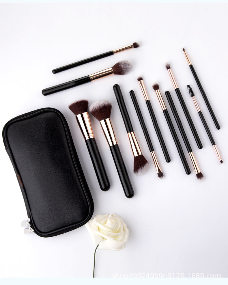 Twelve Bottles Black Pu Zipper Bag Makeup Brush Suit