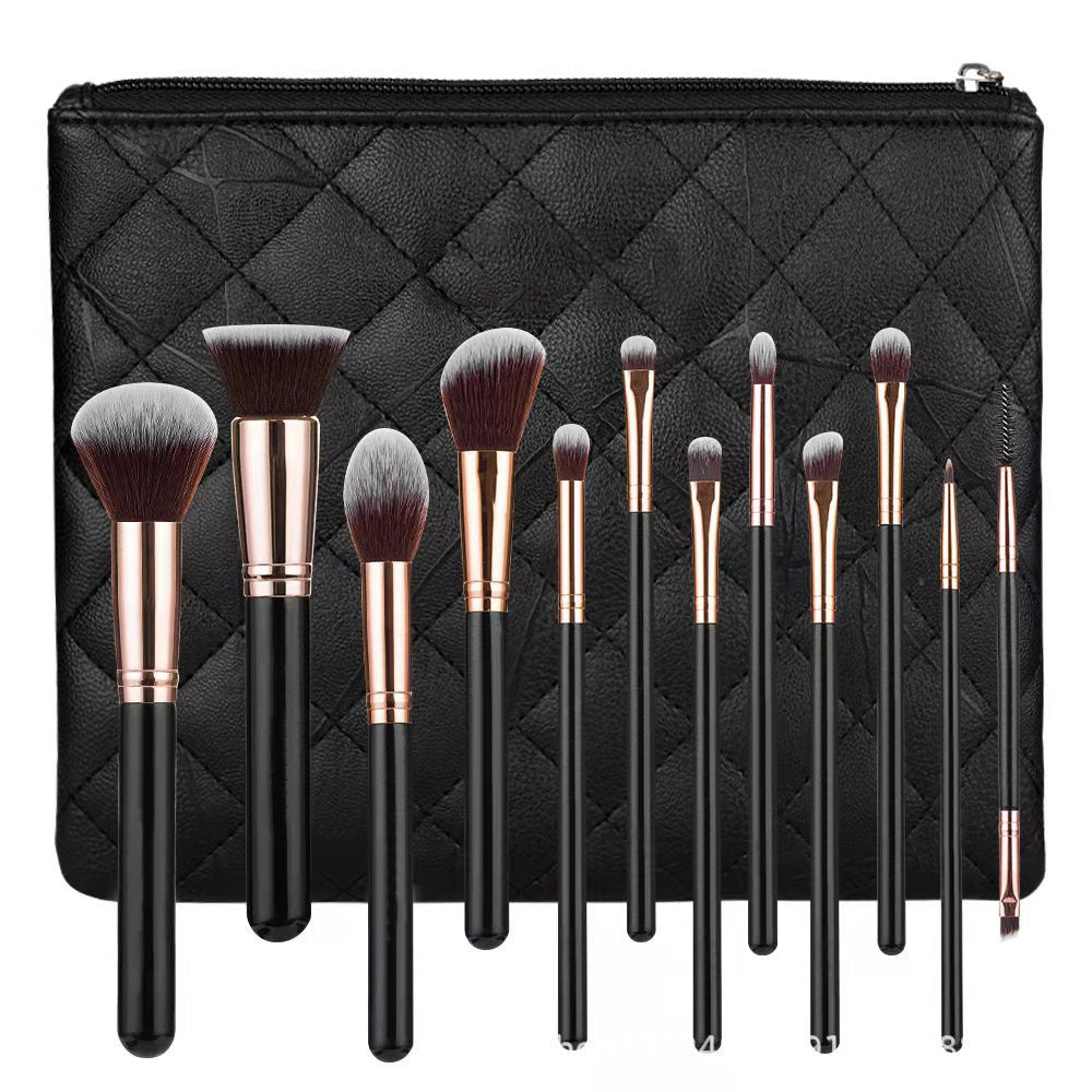 Twelve Bottles Black Pu Zipper Bag Makeup Brush Suit