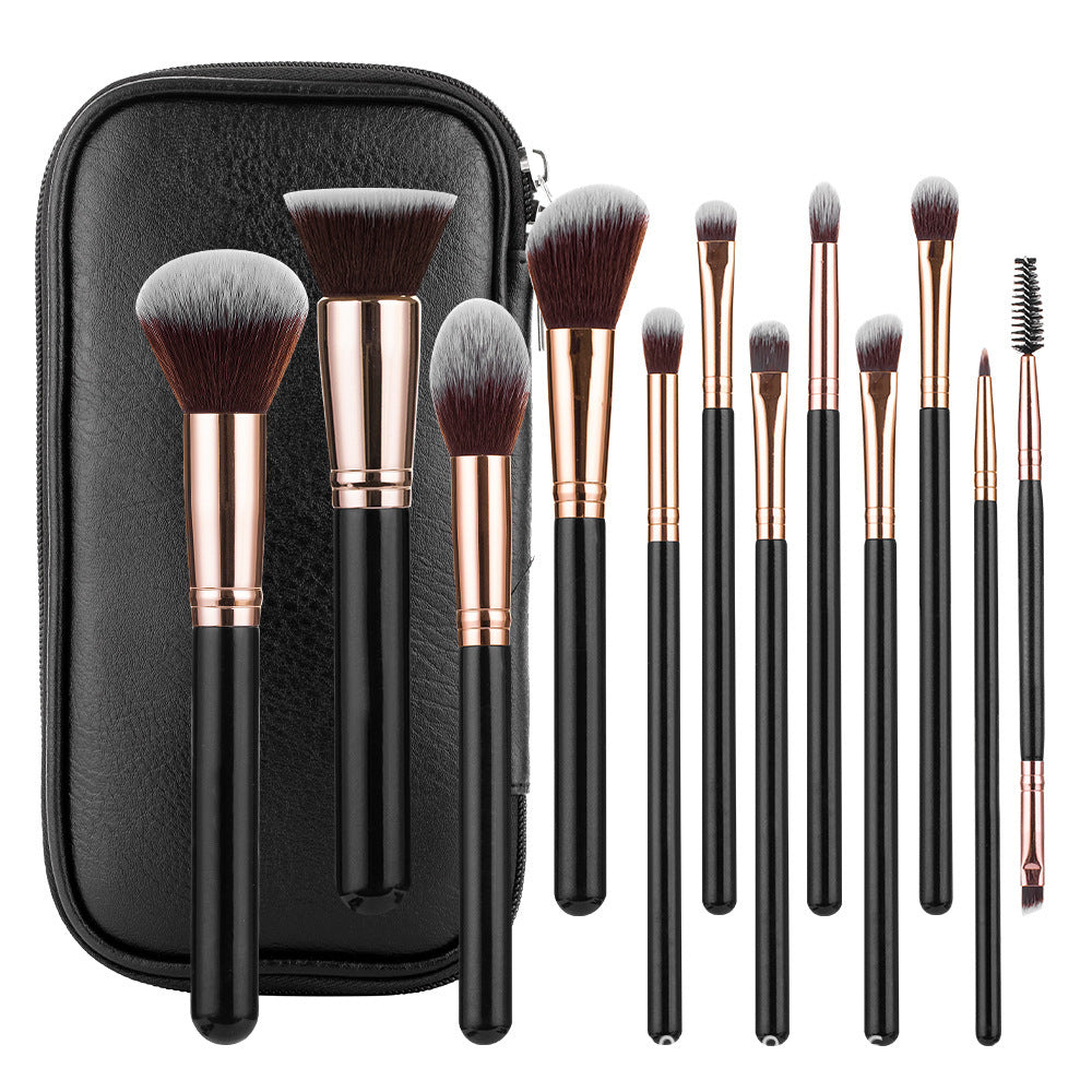 Twelve Bottles Black Pu Zipper Bag Makeup Brush Suit