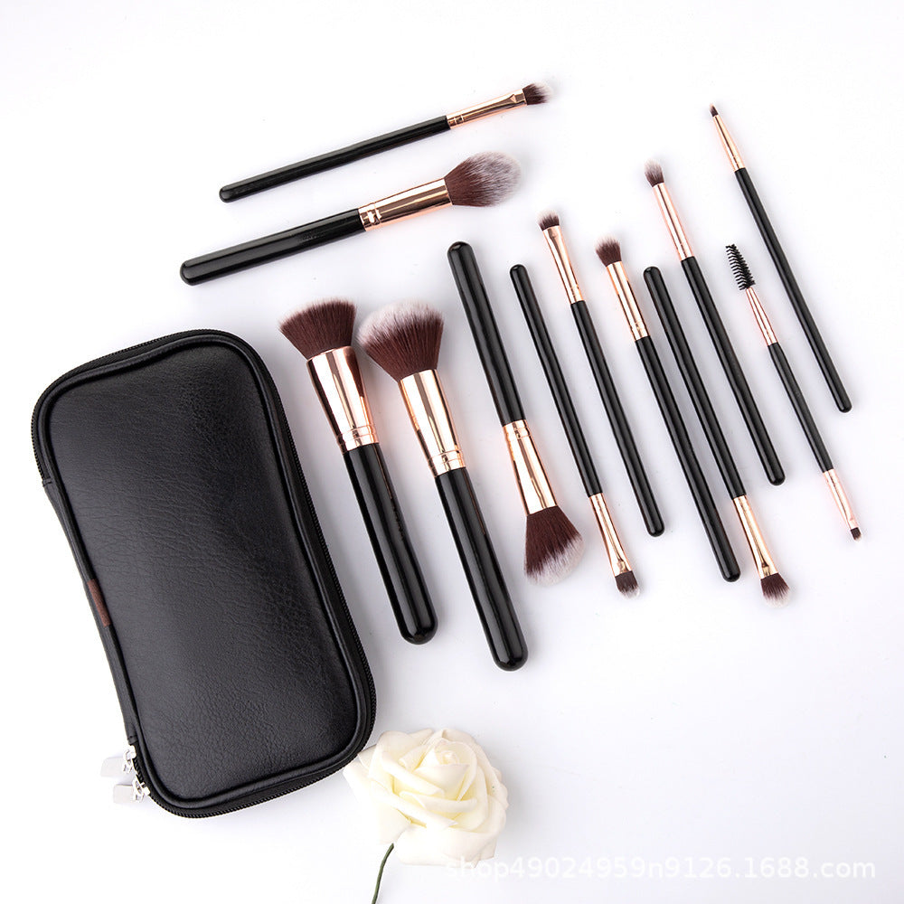 Twelve Bottles Black Pu Zipper Bag Makeup Brush Suit
