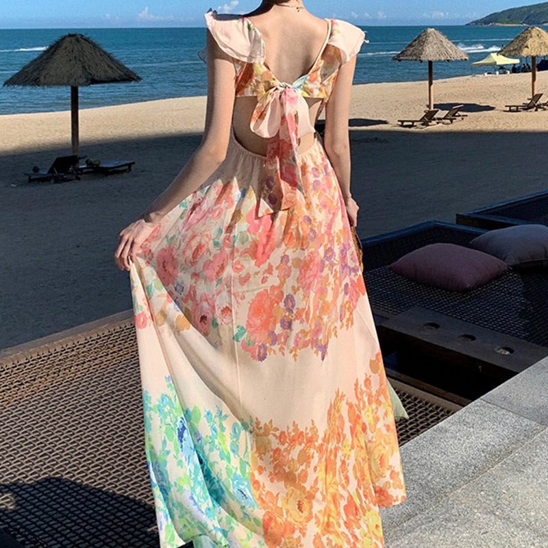Ruffle Sleeve V-neck Maxi Dress Summer Romantic Florals Bow-knot Backless Beach Vacation Dress