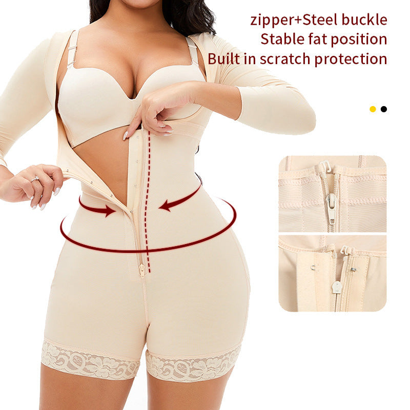 Plus-size Breasted Shapebody Onesie High Waist Long Sleeve Shorts