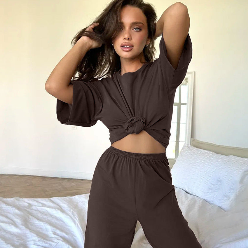 Women's Knitted Half Sleeve Shirt Trousers Pajamas