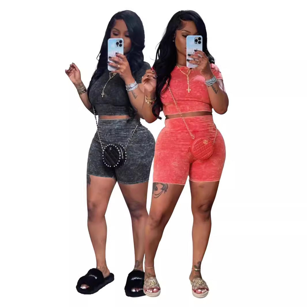 Women's Sunken Stripe Short-sleeved Shorts Wash High Waist Two-piece Suit