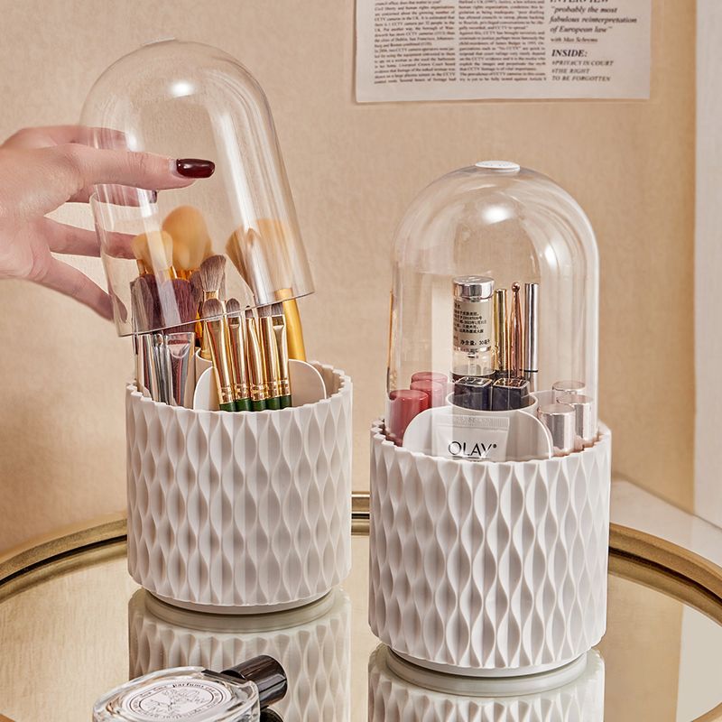 360 Degree Rotating Large Capacity Transparent Makeup Brush Storage Holder With Lid Desktop Cosmetic Storage Box