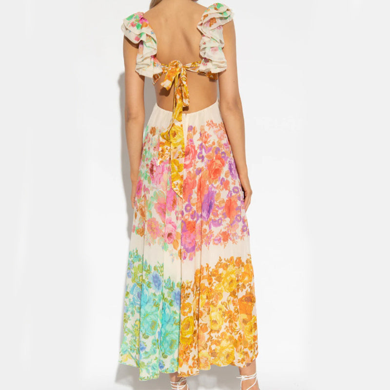 Ruffle Sleeve V-neck Maxi Dress Summer Romantic Florals Bow-knot Backless Beach Vacation Dress