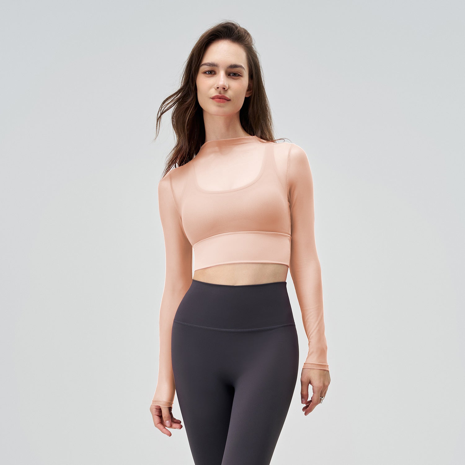 Exercise Mesh Slimming T-shirt Women's Summer Round Neck Quick-drying Long Sleeve Sexy Thin Long Sleeve Yoga Clothing Top