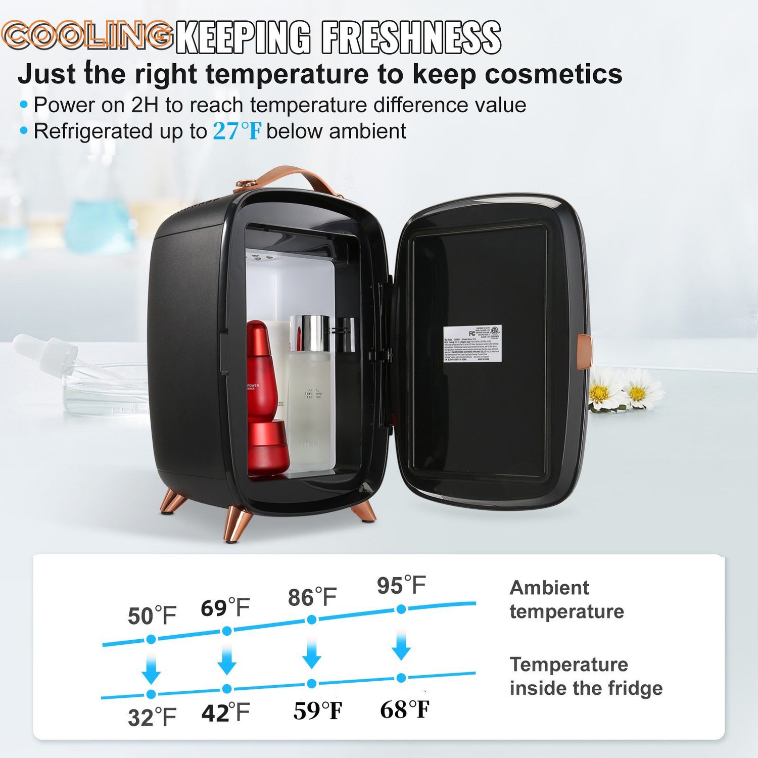 Vevor Black Mini Fridge, 6L Skincare Fridge With LED Light And HD Mirror, AC DC Makeup Fridges For Skin Care, Cosmetic Storage, Chill Face Mask Drink,  Small Refrigerator For Bedroom Dorm Desktop, Black