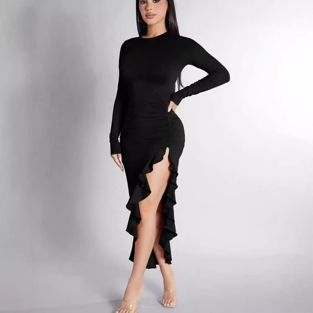 Fitted Ruffle Hem Slit Dress
