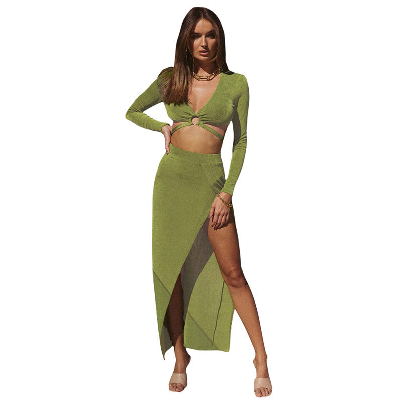 Women's Top & Skirt Matching Set Long Sleeve Asymmetrical Bandage Dress Set