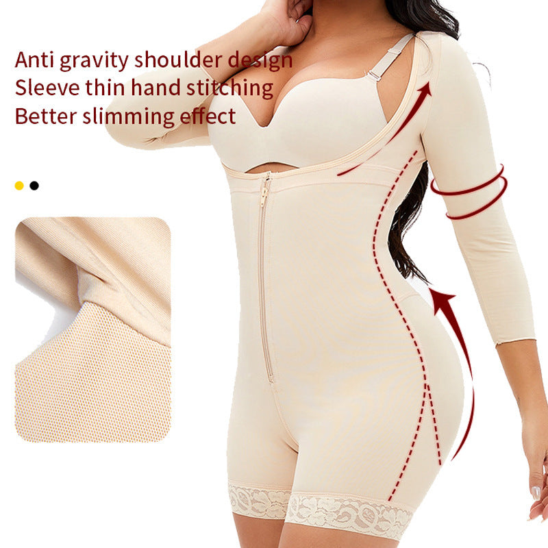 Plus-size Breasted Shapebody Onesie High Waist Long Sleeve Shorts