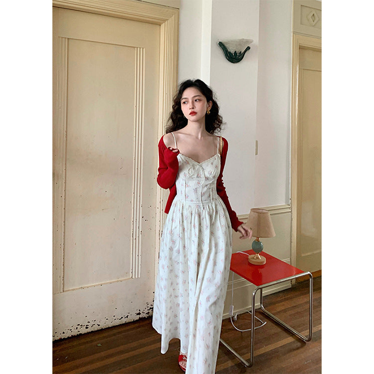 Retro Lace V-neck Suspender Skirt Waist Slimming Mid-length