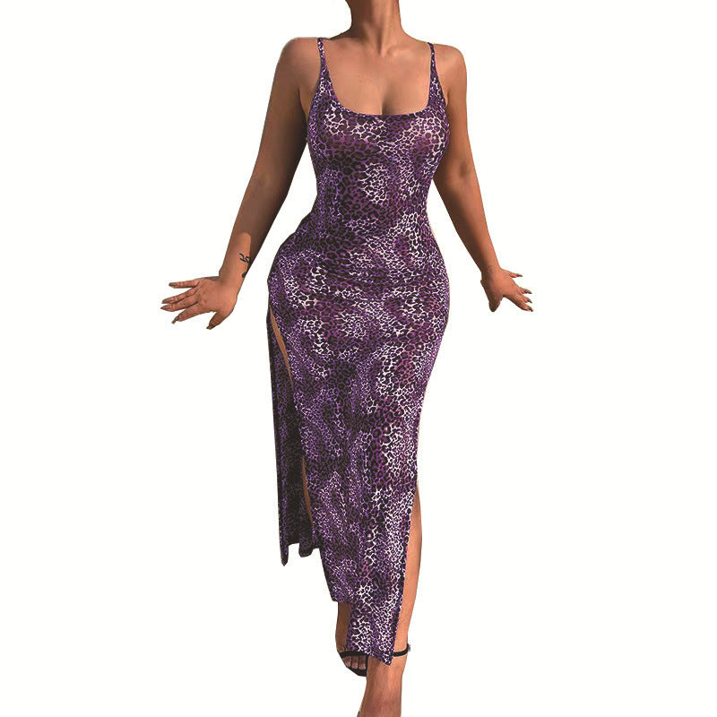 European And American Holiday Temperament Slit Skirt Fashion Leopard Animal Print Dress