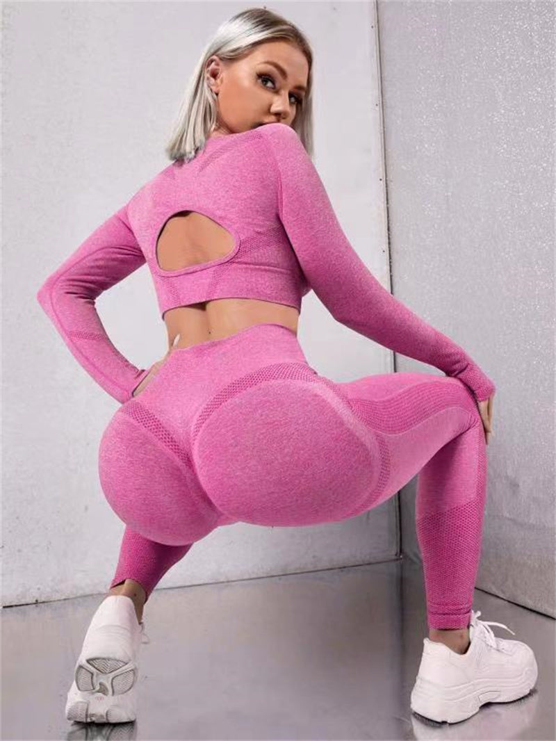 2pcs Sports Set Long Sleeve Cutout Tops And Butt Lifting High Waist Seamless Fitness Leggings Yoga Gym Sportswear Outfits Clothing