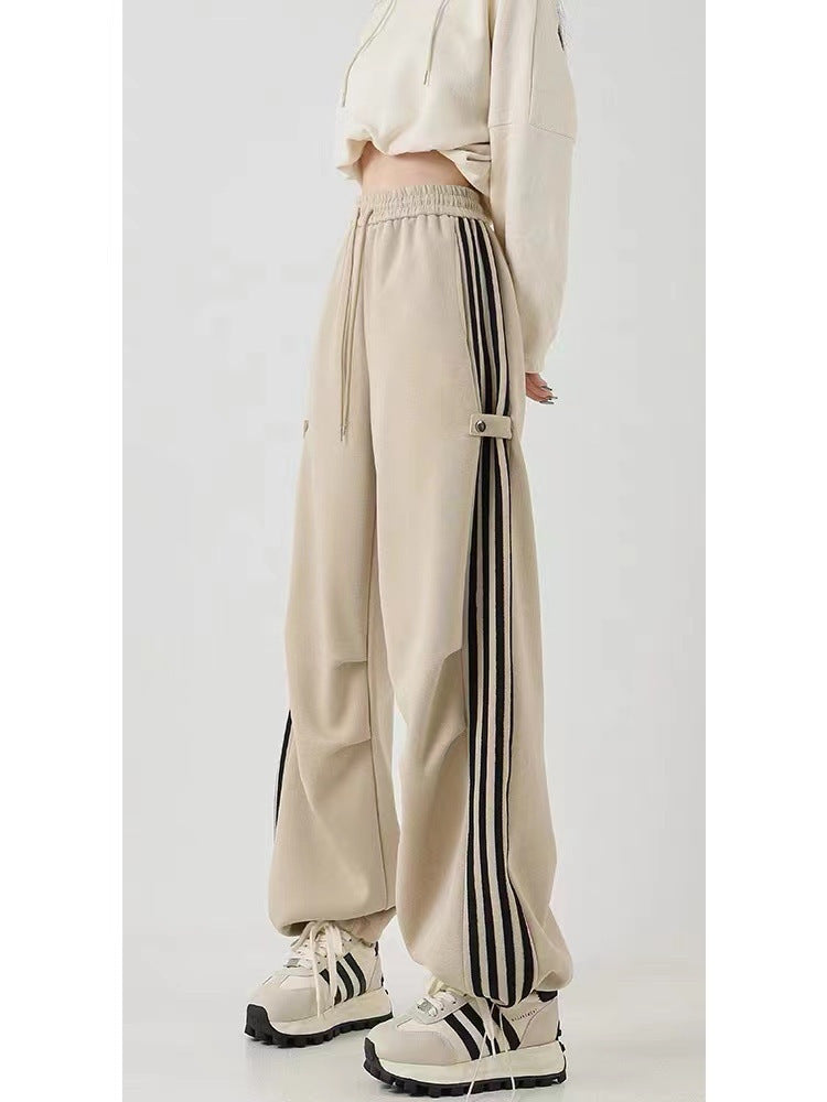 Side Stripe Cotton Blend Wide-leg Baggy Pants Korean Casual