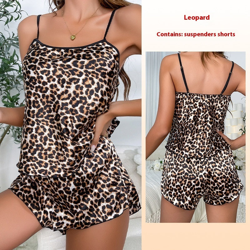 Satin Print Suspender Shorts Pajamas Suit