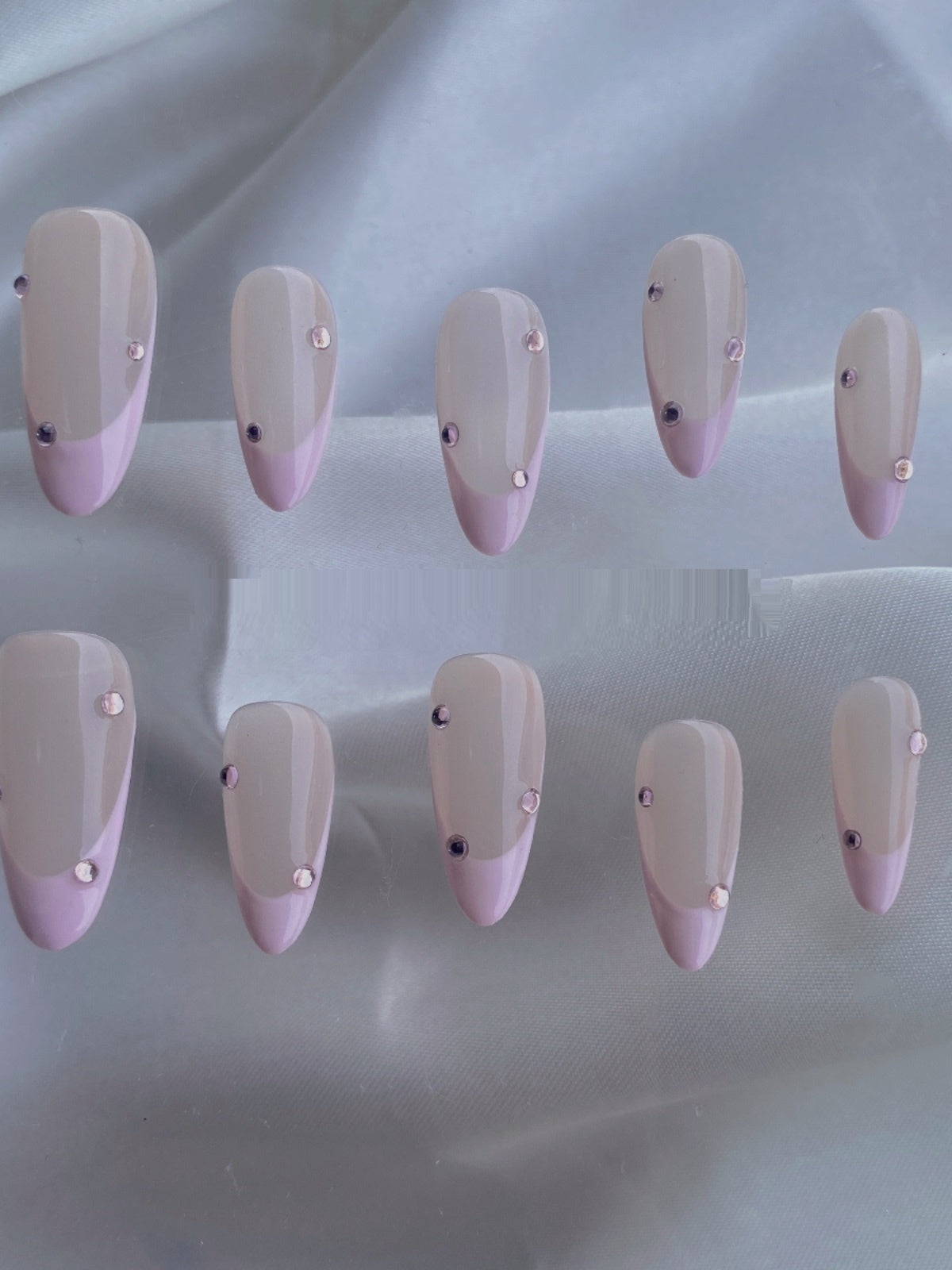 Rhinestone French Manicure Almond Shape Nail Set