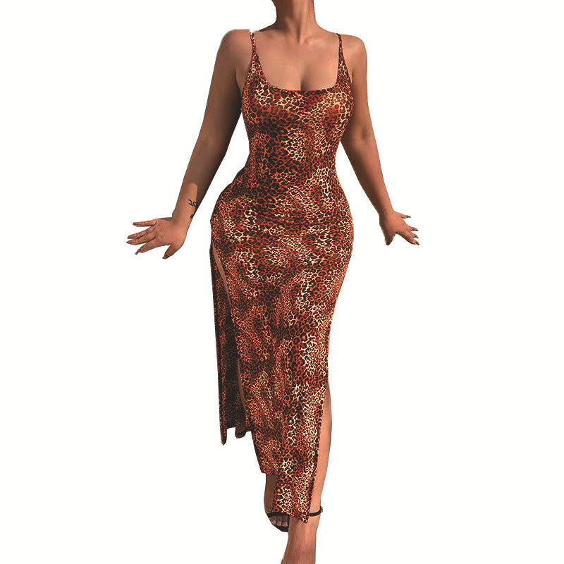 European And American Holiday Temperament Slit Skirt Fashion Leopard Animal Print Dress