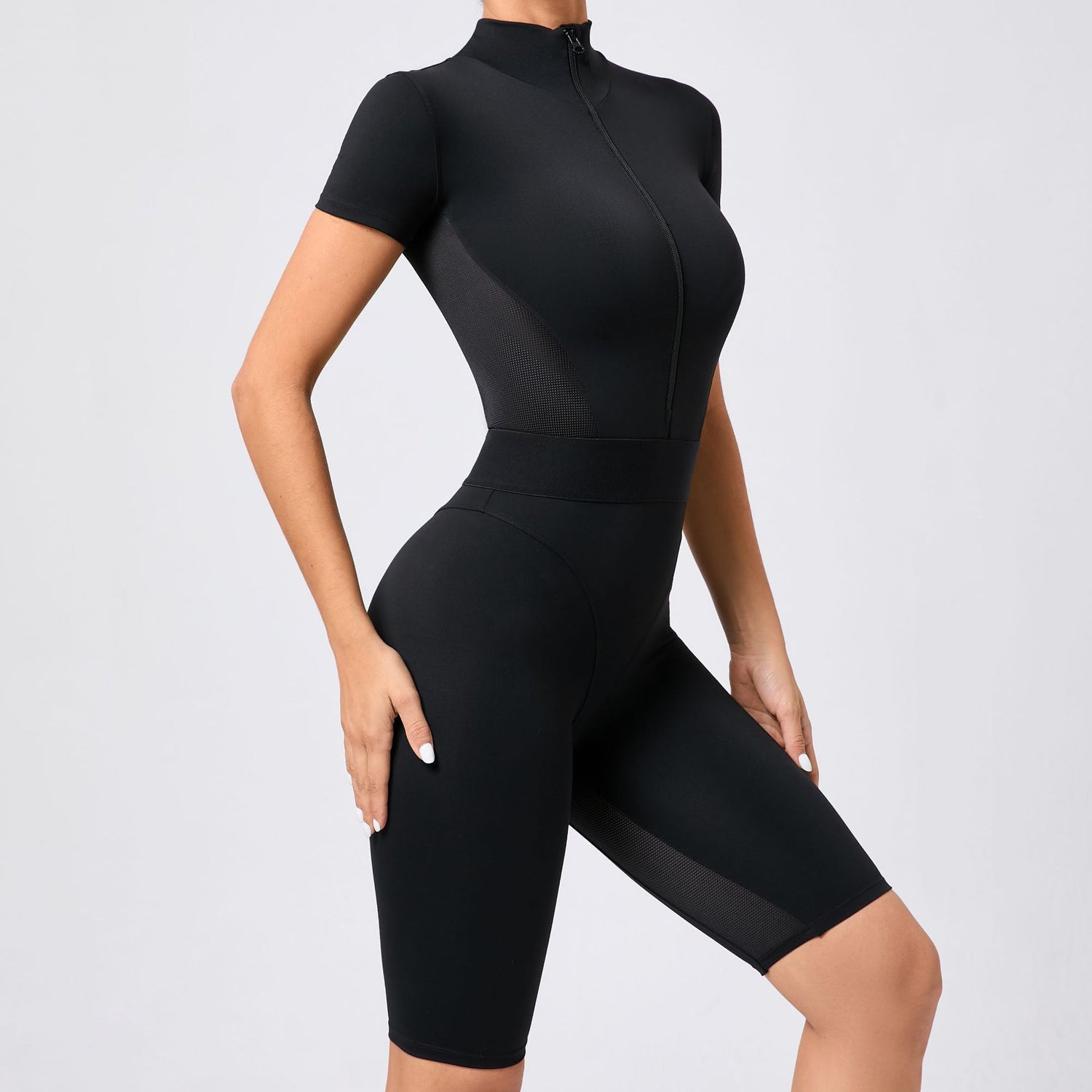 Tight Waist Open Collar Zipper Short Sleeve Yoga Jumpsuit