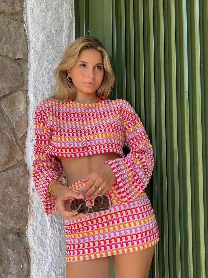 Lace Midriff Outfit Bell Sleeve Top Hip Skirt Suit HY120