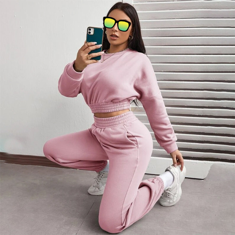 Two-piece Casual Fashion Long-sleeved Umbilical Blouse Abdomen Trousers And Fleece Sweater