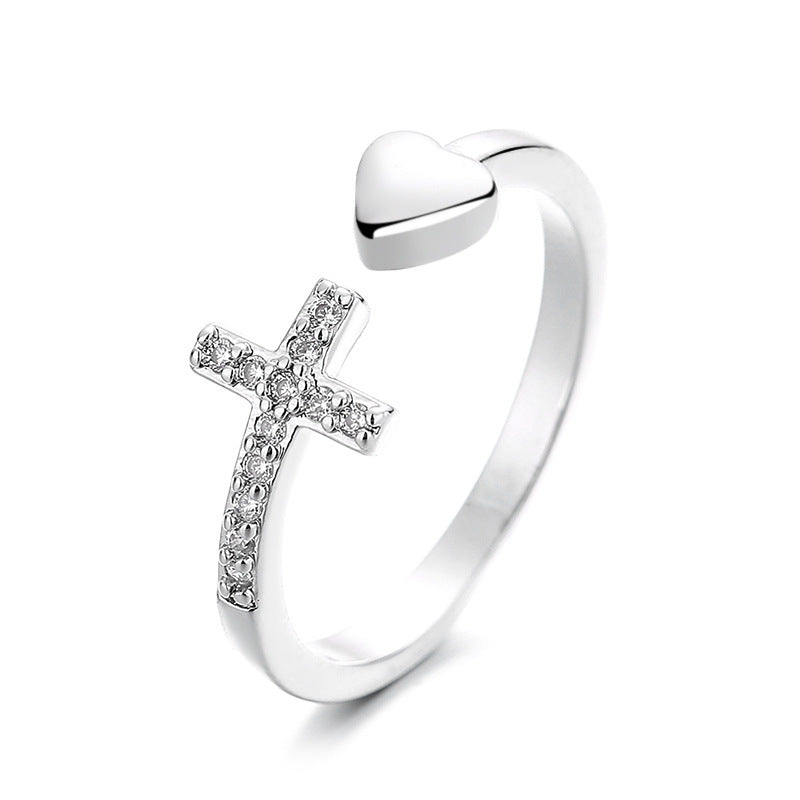 Cross Heart Ring with Rhinestones Open Adjustable Ring