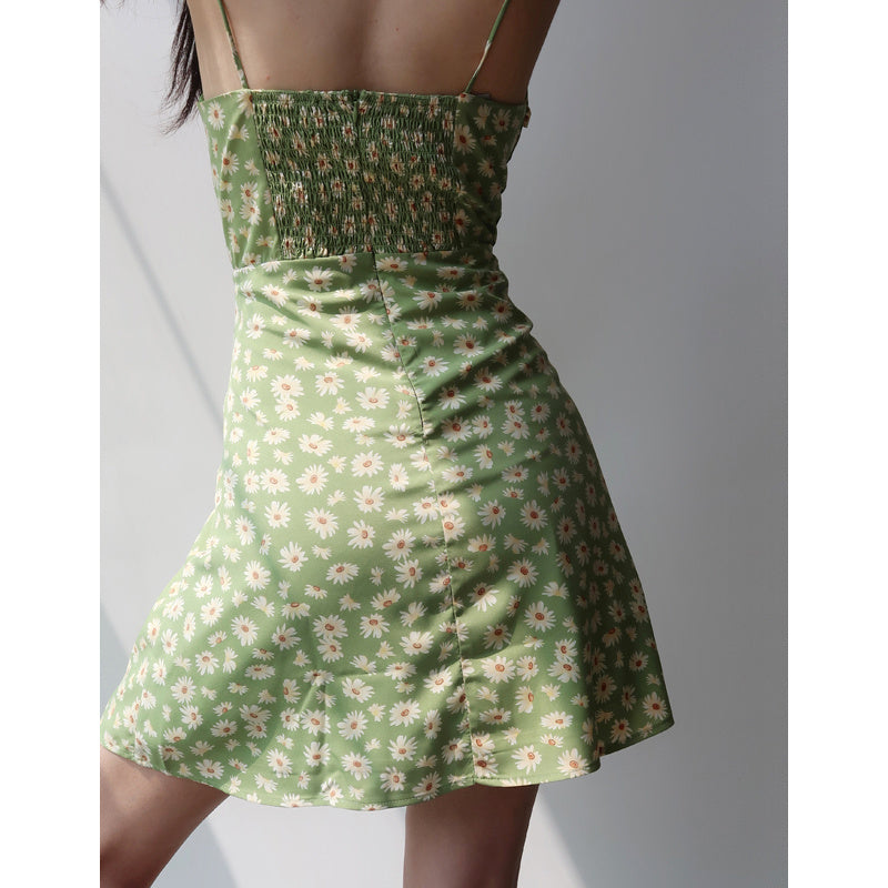 Sling French Retro Girl Green Floral Waist Dress