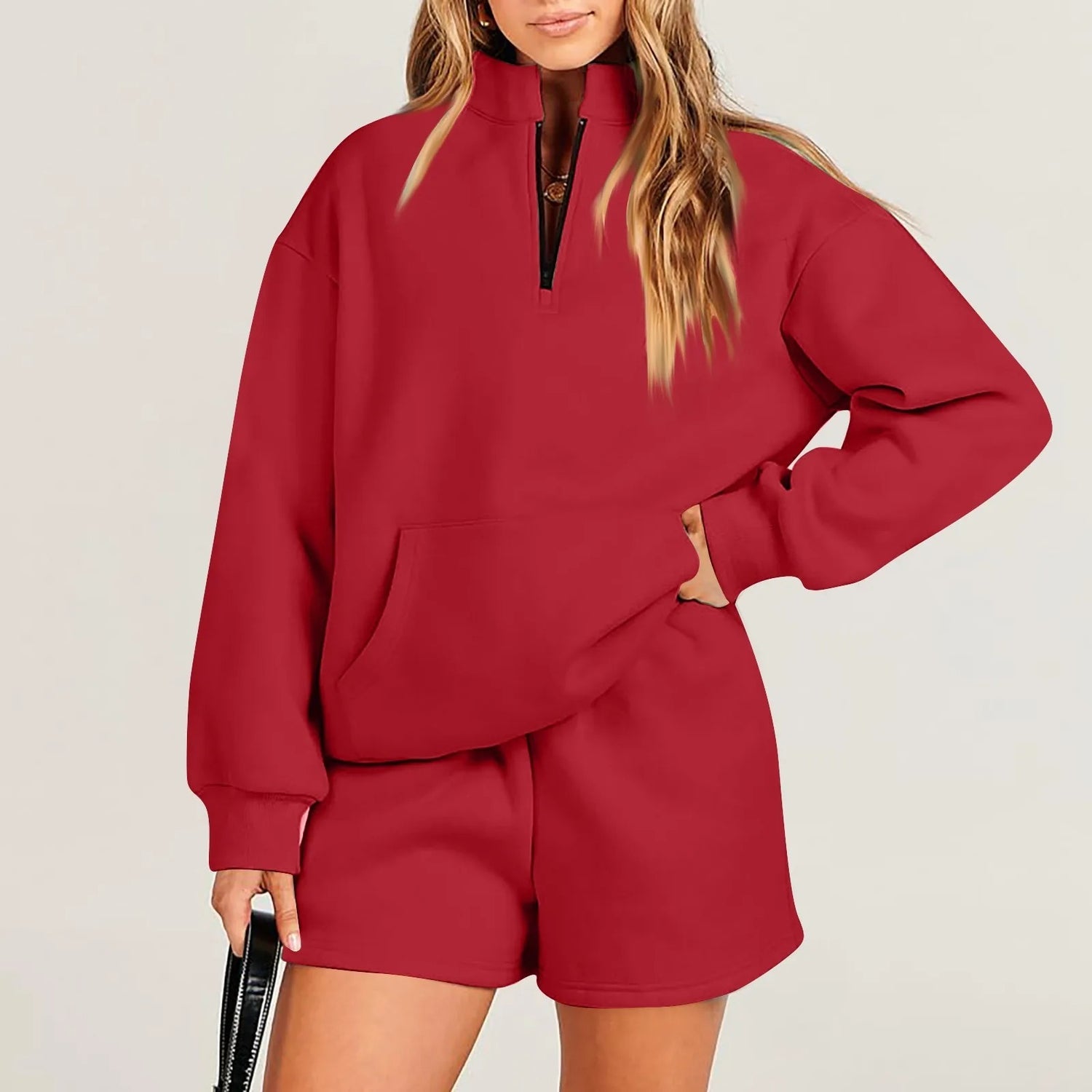 Women's Fashion Solid Color Stand Collar Half Zip Pullover Long Sleeve Sweater Shorts Suit