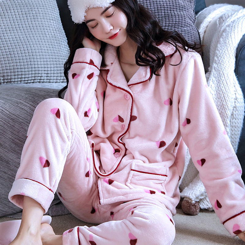 Women's Long Sleeved Thick Flannel Pajamas