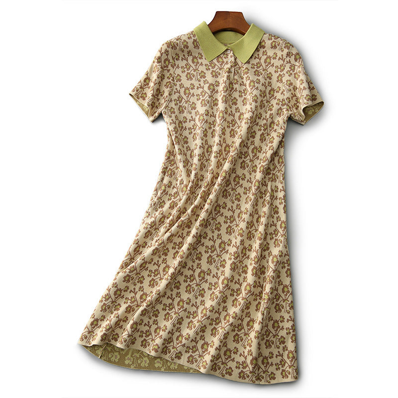 Women's Pastoral Floral Polo Neck Knit Dress