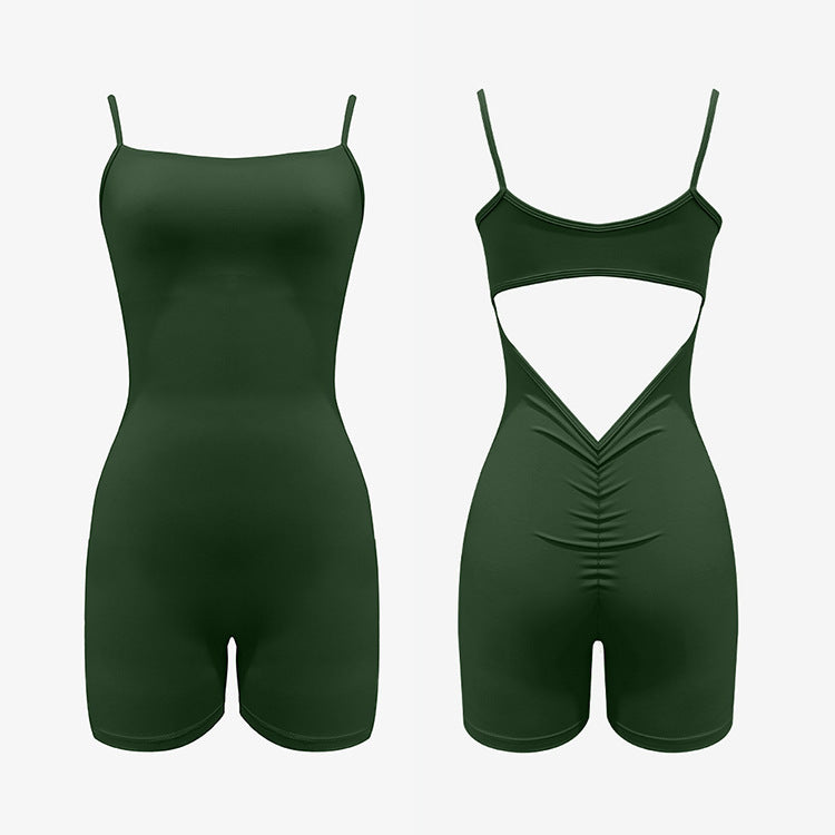 Thin Shoulder Vest Shorts Jumpsuit Back Hollow V Waist Pleated Yoga Jumpsuit