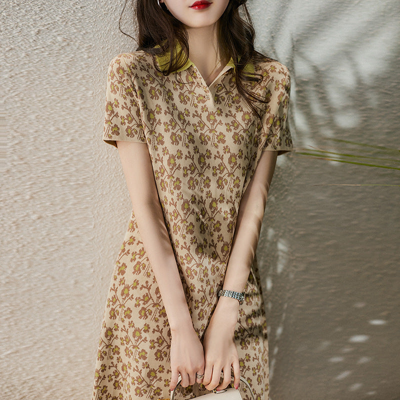 Women's Pastoral Floral Polo Neck Knit Dress