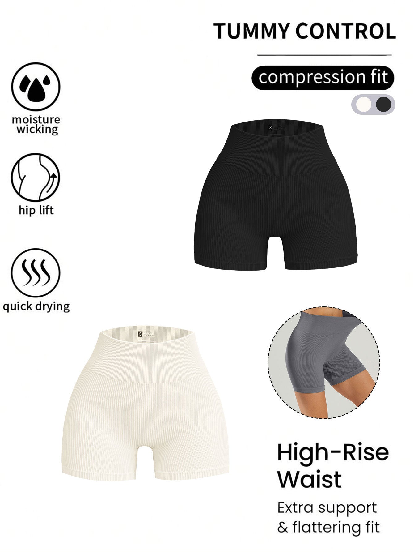 2 Pack Women's High Waist Solid Color Ribbed Seamless Biker Shorts Yoga Workout Shorts